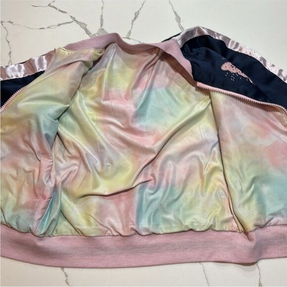Colorful Planet | Navy Blue Girls Satin Butterfly Reversible Lined Bomber 6/6X - Picture 4 of 15